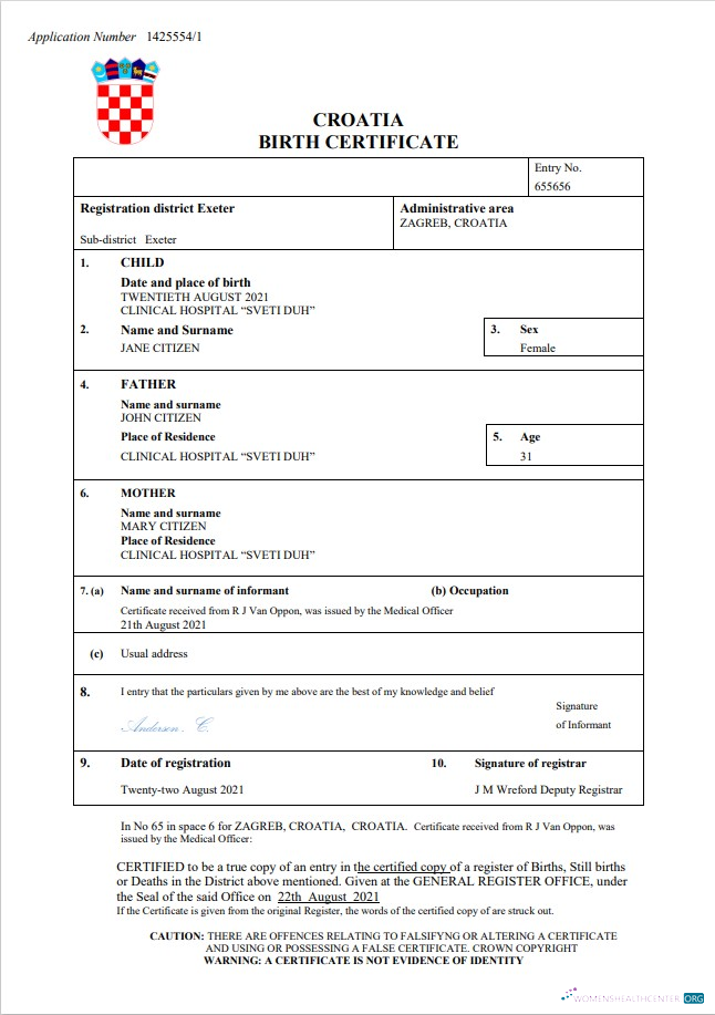 Download Croatia birth certificate Word and PDF template Photoshop template